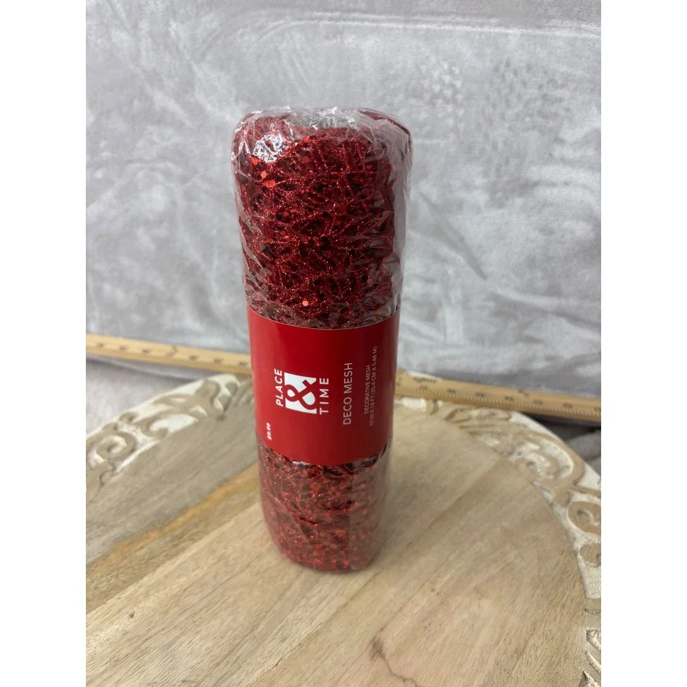 Place & Time Red Glitter Deco Mesh 10 in x 18 ft Holiday Craft Ribbon 1969-6566